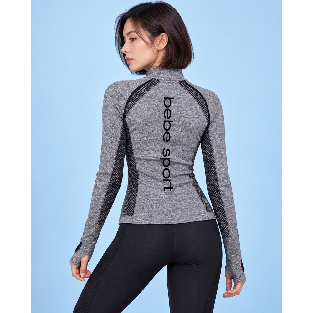 Bebe Sport Womens Gray Heather Mesh Vent Full Zip Track Jacket Logo Back Large